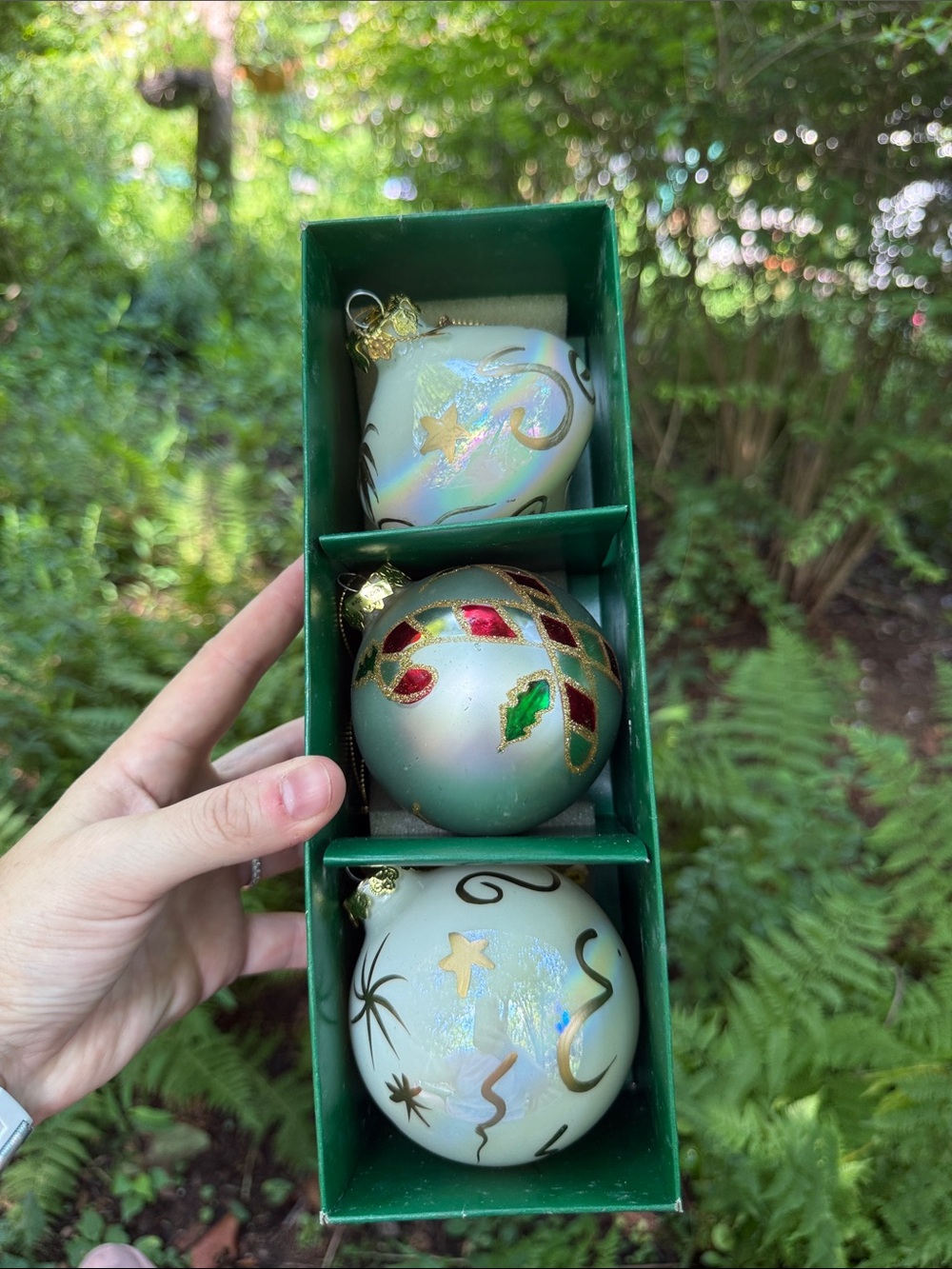 Dansk White, Green and Red Glass Ornament Set